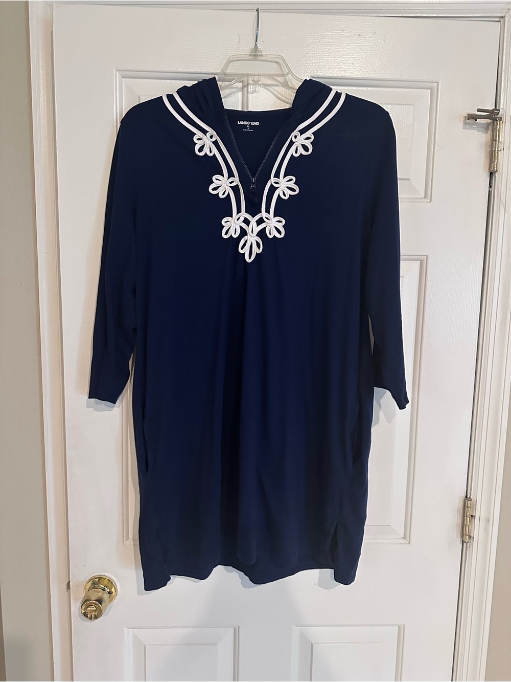 Lands’ End Navy Hooded Cover-Up Dress Swim Tunic XL 100% Cotton Coastal Chic - Picture 3 of 8
